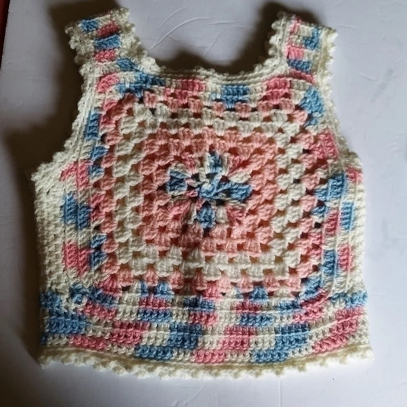 Vintage Y2K Blue Pink White Grannycore Granny Square Crocheted Crop Sweater … - Picture 3 of 12